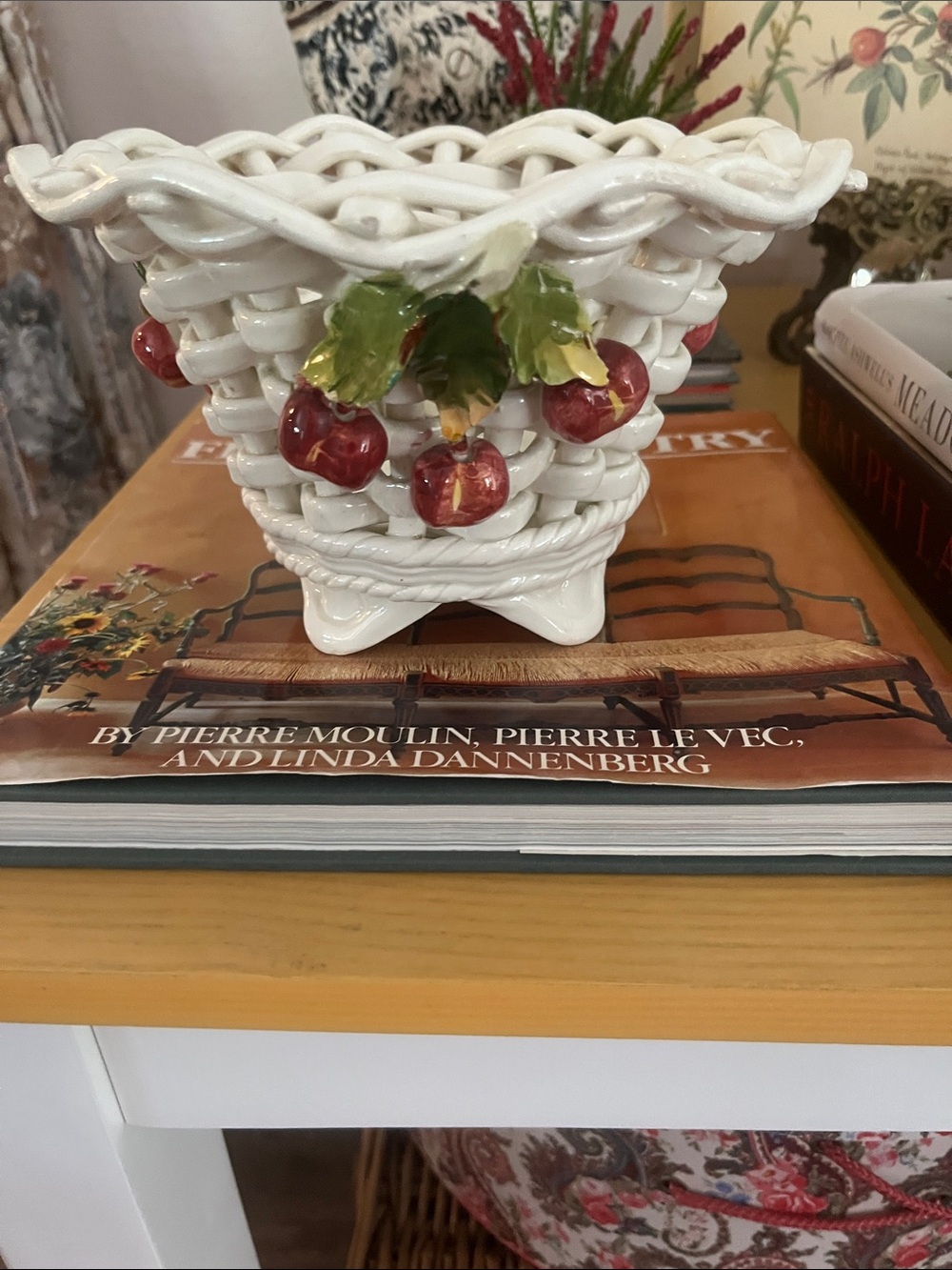 White Ceramic Basket Planter with Red Cherry Accents